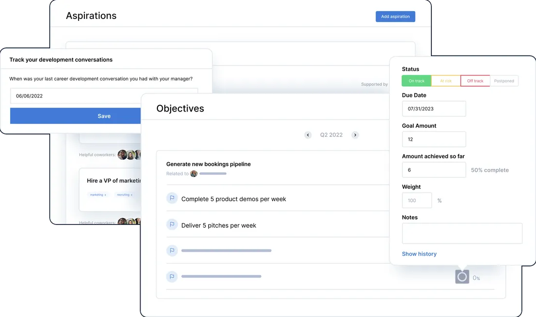 OKR tracking platform showing company objectives cascading to team and individual key results with progress monitoring