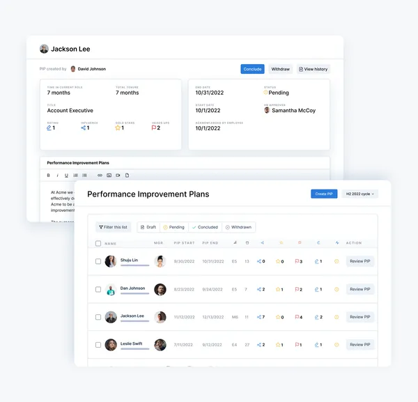 Performance improvement plan (PIP) tracking and RIF decision support with ONA data showing actual employee impact