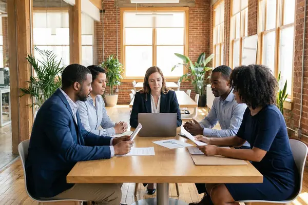 Team leaders reviewing goals and performance metrics together