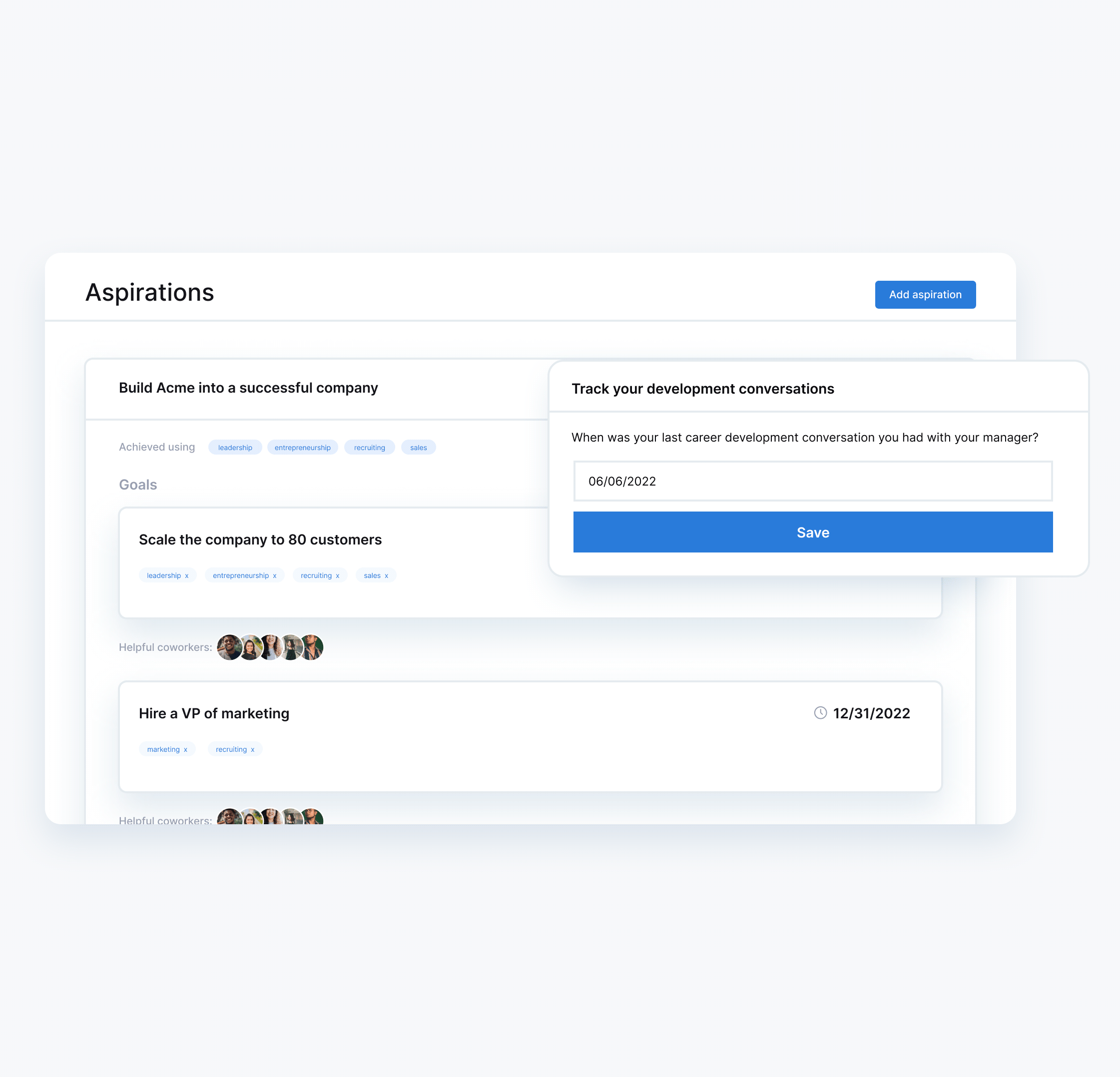 Career development tracking showing employee aspirations aligned with company goals and succession planning pathways