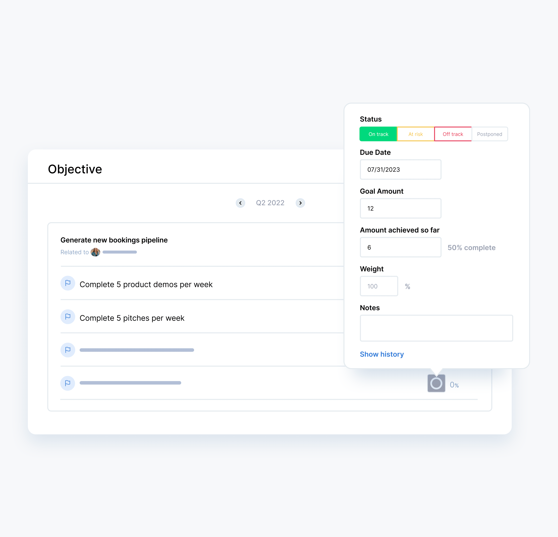 Real-time OKR tracking dashboard displaying progress on objectives and key results across teams with completion percentages