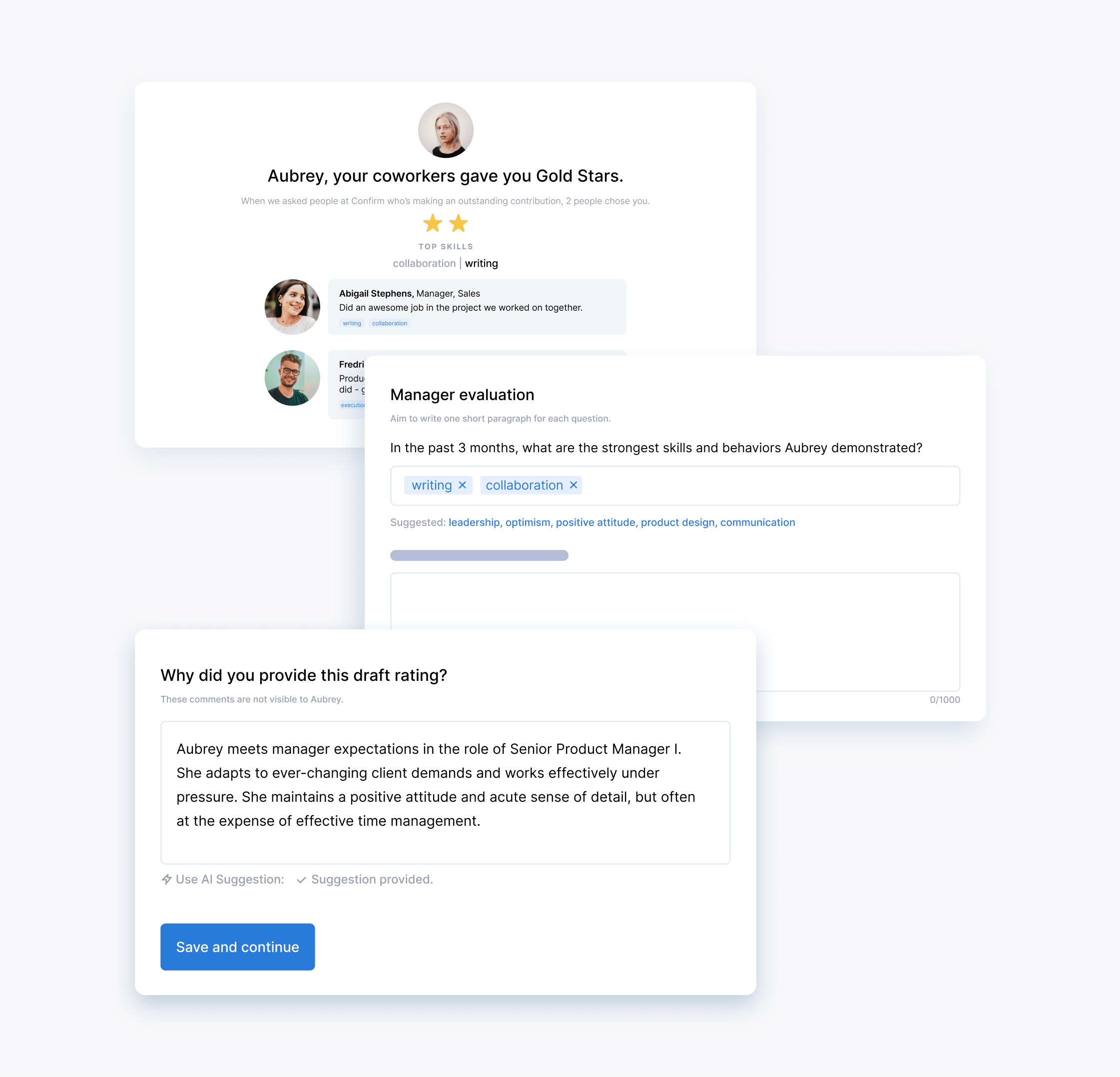 AI-powered performance review writing interface showing GPT-4 generated feedback and edit suggestions for managers