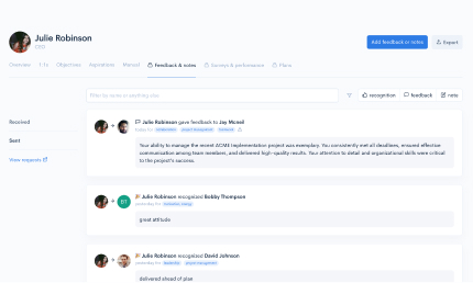 Confirm continuous feedback module — real-time peer recognition and manager check-ins