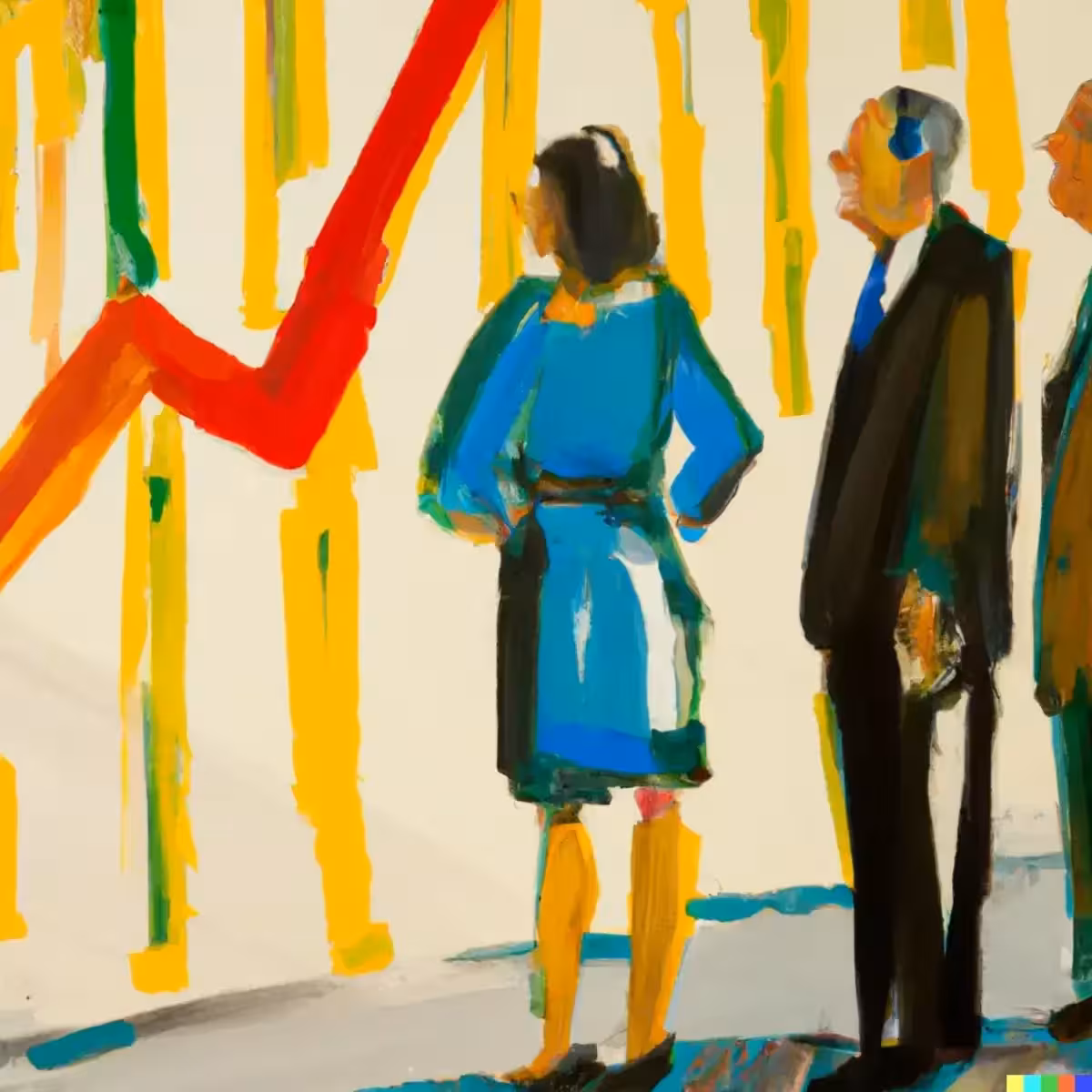 Three figures observing a rising graph.