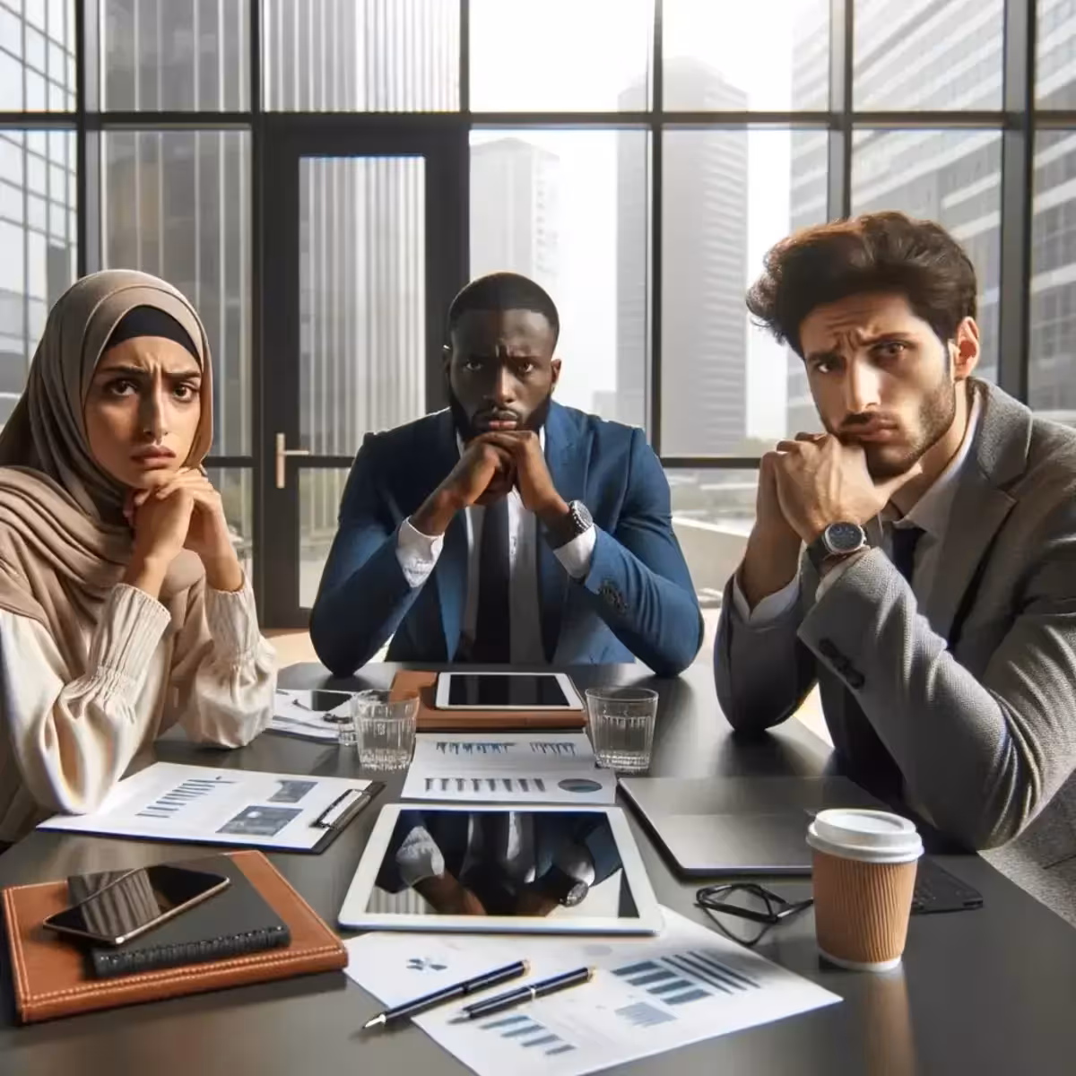 Three professionals looking concerned in office