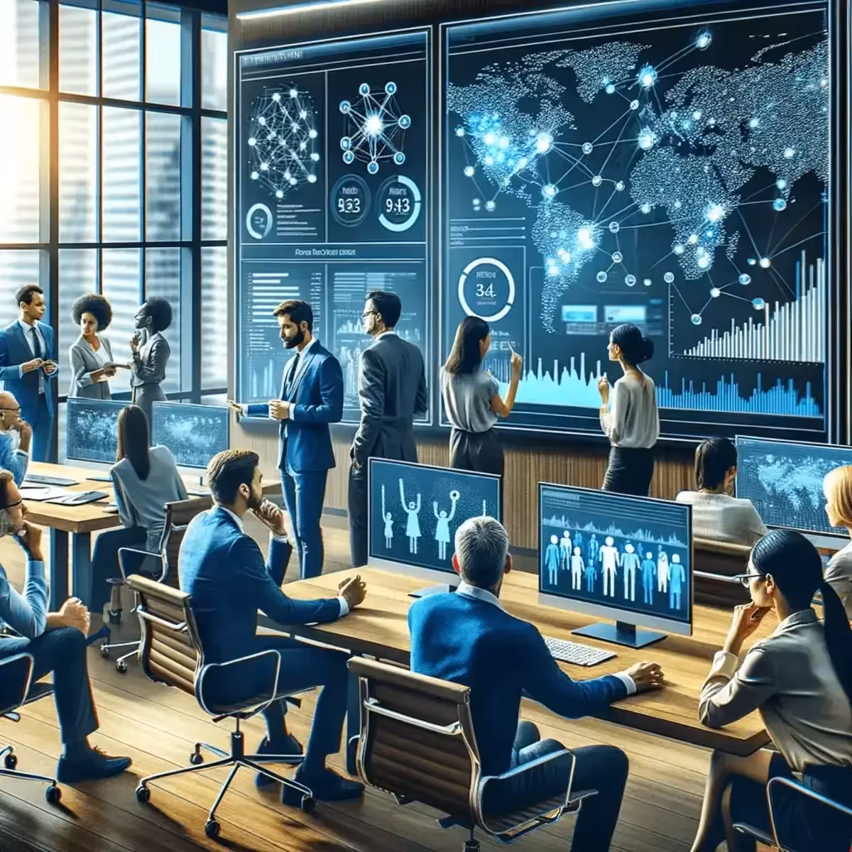 Business meeting with data visualisations displayed.