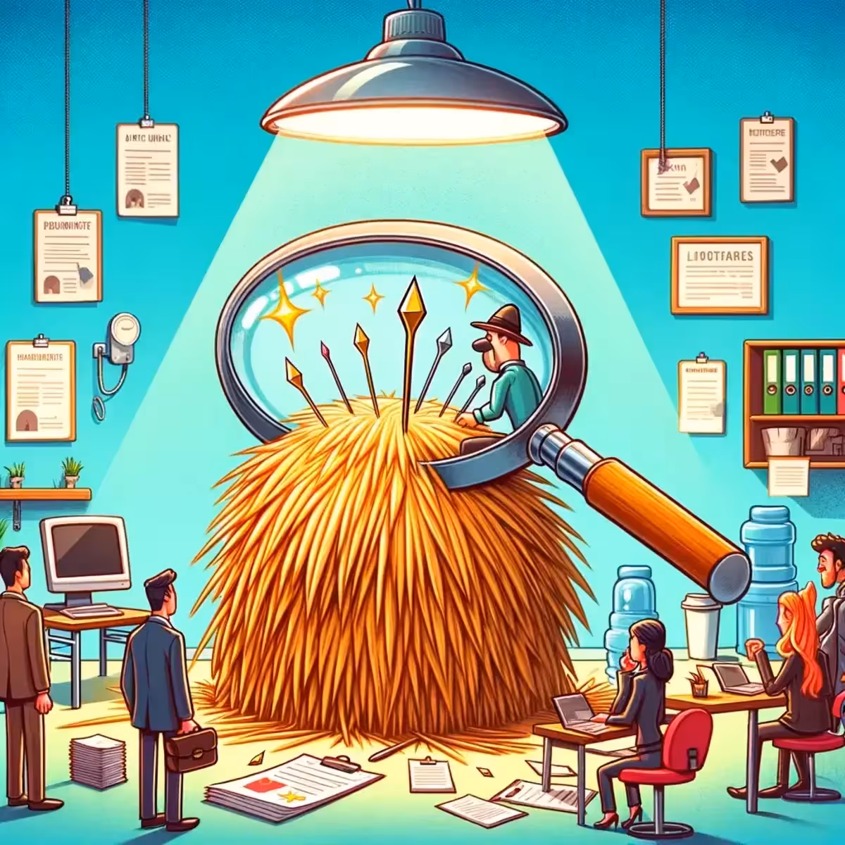 Person examining haystack with magnifying glass.