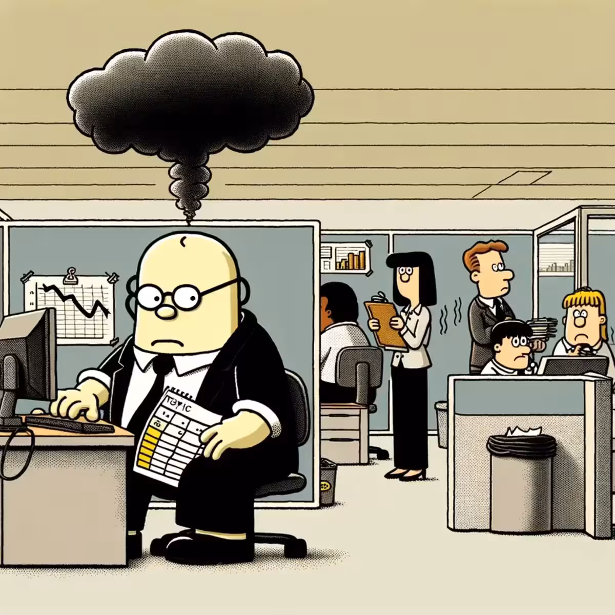 Frustrated office worker with stress cloud.