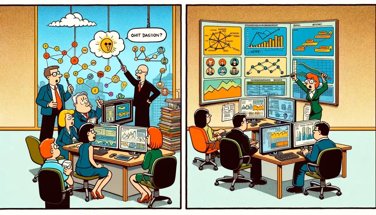 Business meeting with data analysis visuals.