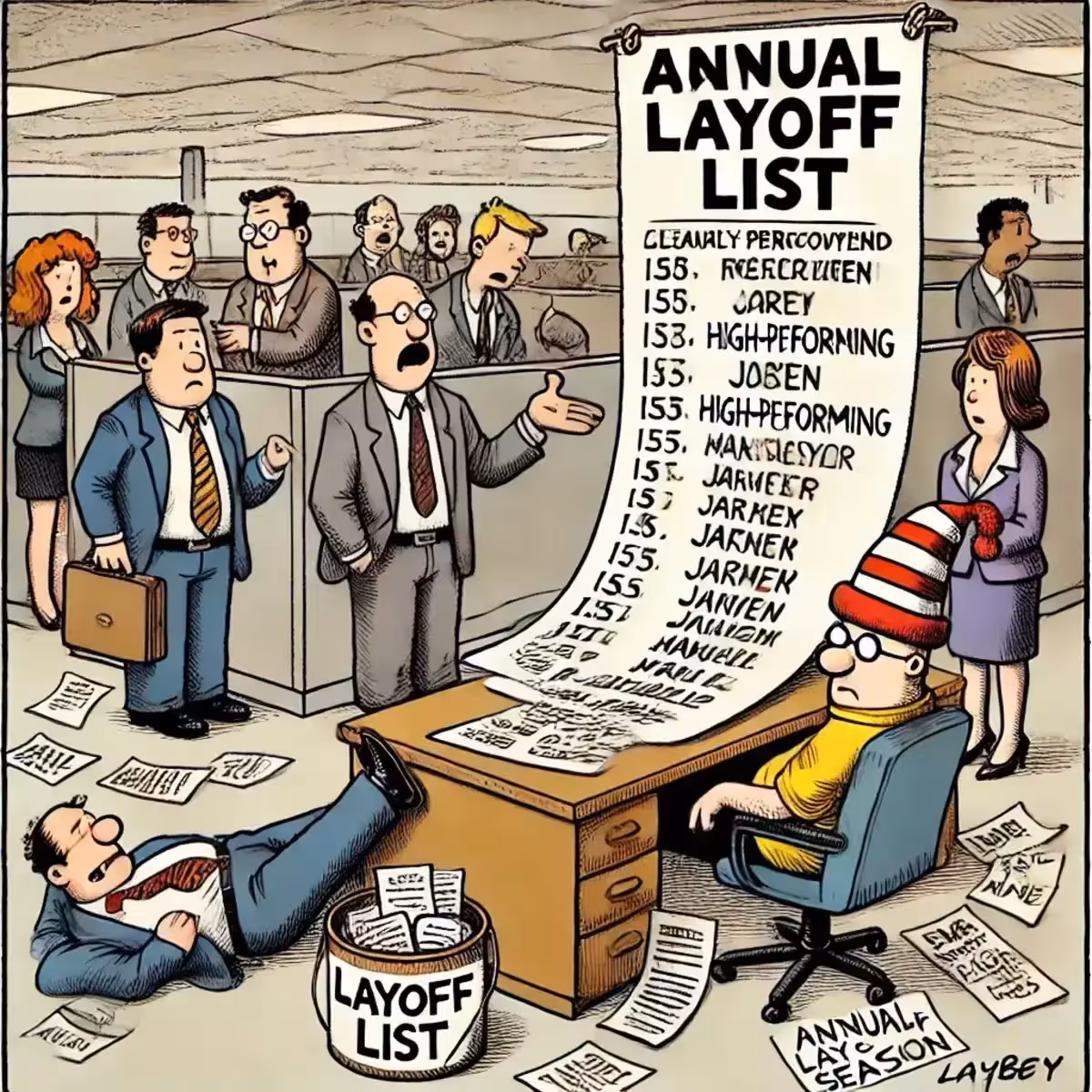 Humorous depiction of office layoffs.