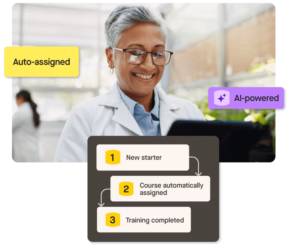Smiling woman using tablet in lab for course assignment