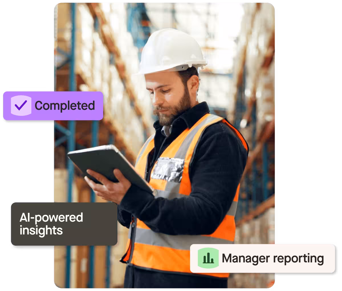 Warehouse worker using tablet for reporting