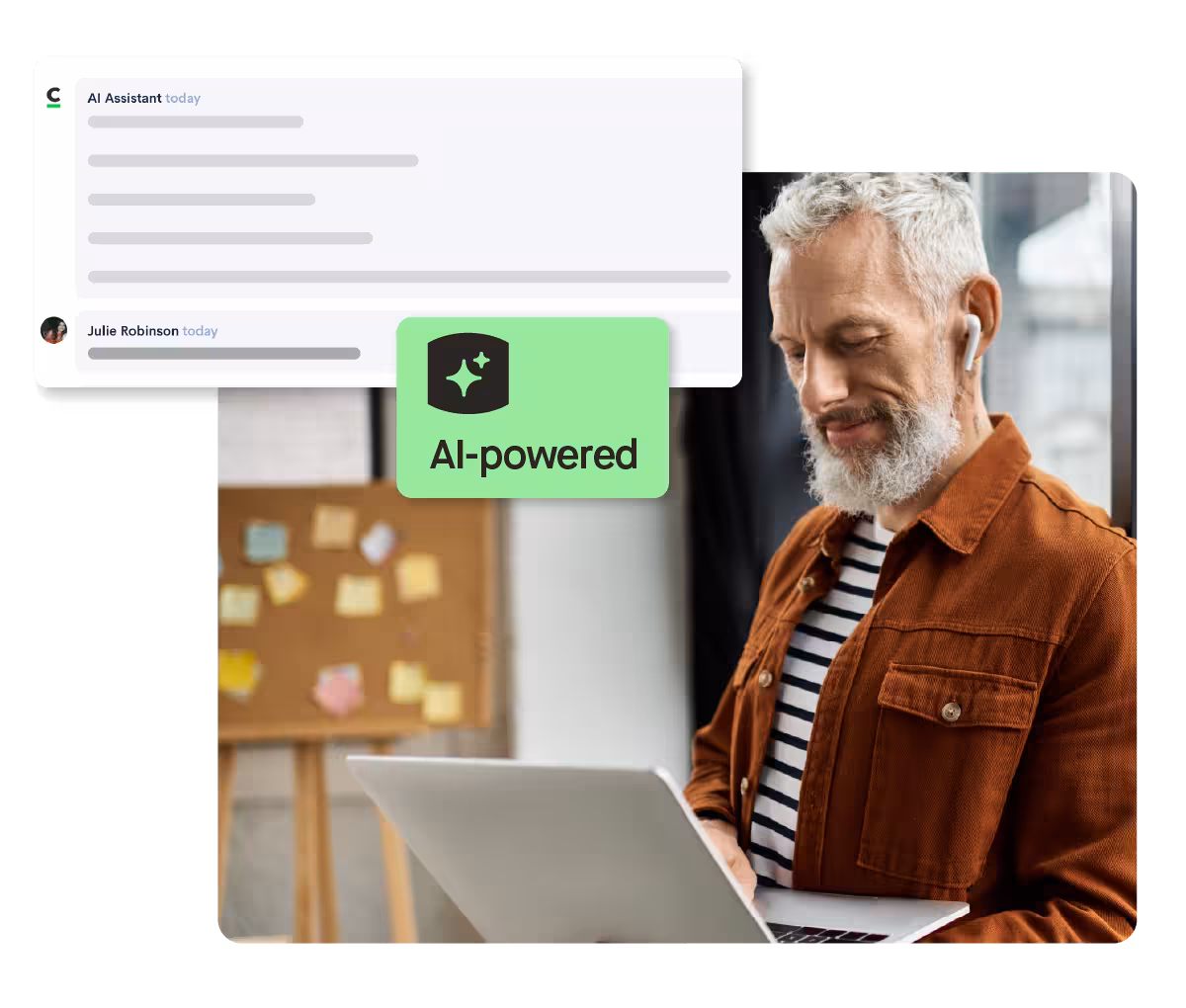 Man using laptop with AI feedback.
