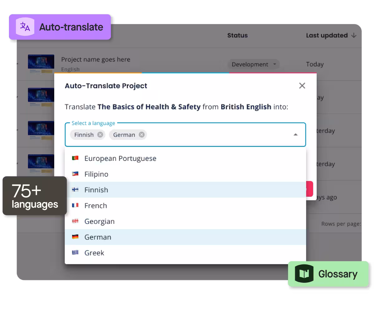 Translation project interface with language options