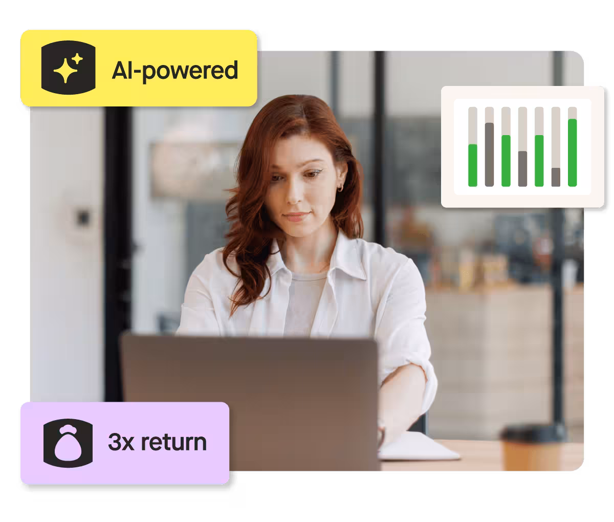 Woman using laptop with analytics displayed.